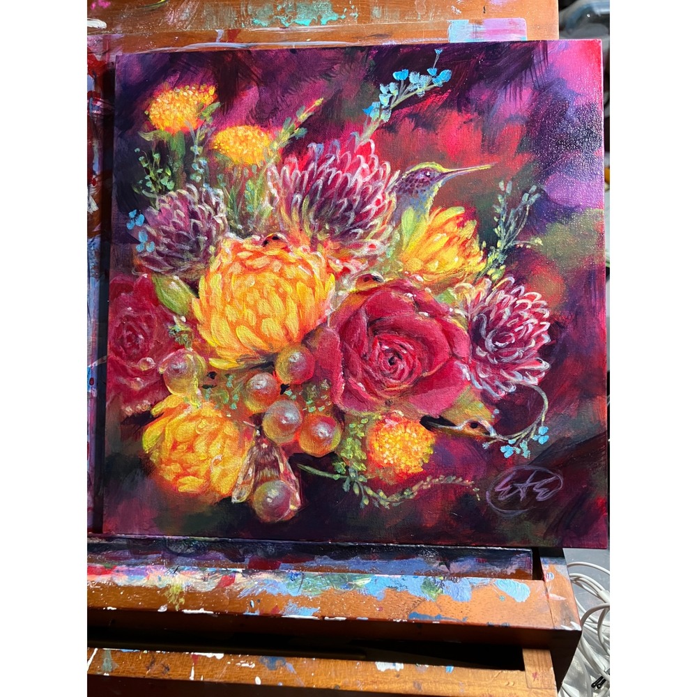 hummingbird Original Floral Painting bumblebees Bouquet Roses Signed Artettina
